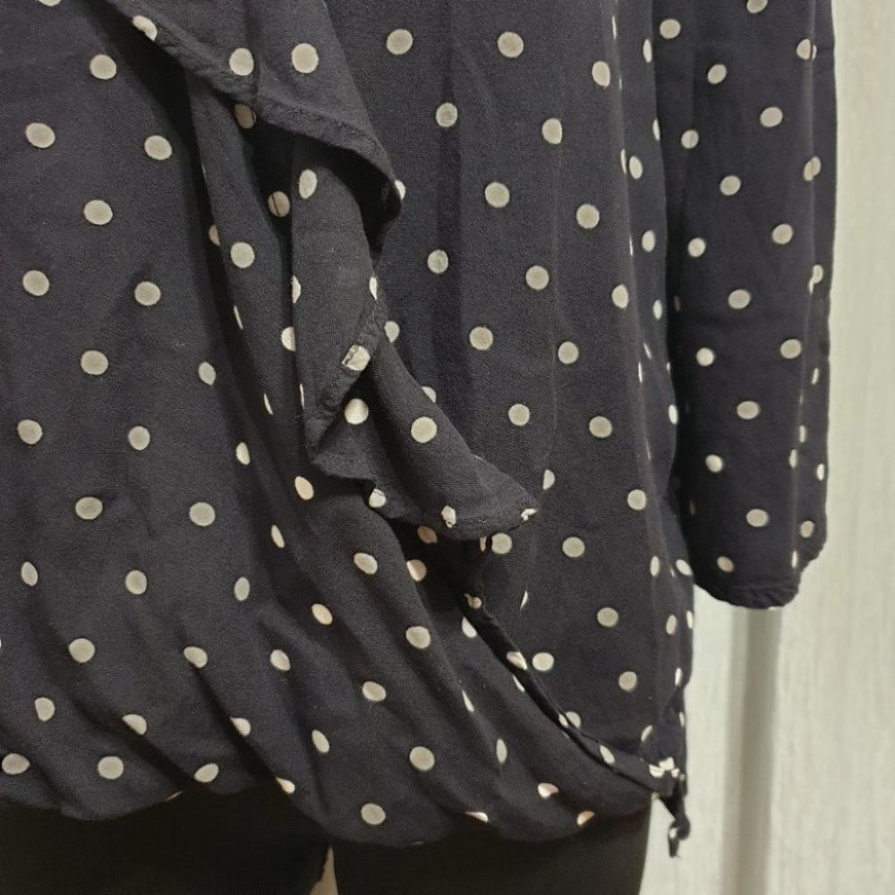 SEED HERITAGE AU-10 Dark Navy Blue/White Long Sleeve Top Polka Dot Ruffled Front - Picture 7 of 12